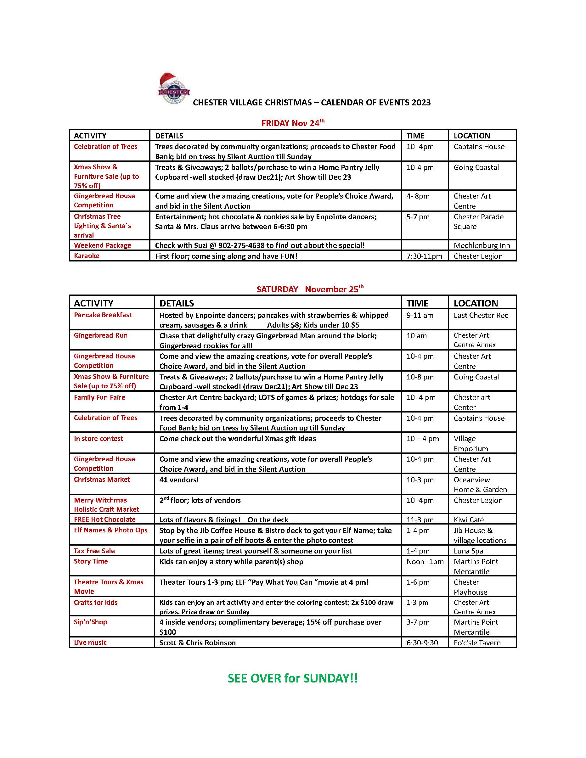 2023 Chester Village Christmas schedule Nov 8 2023 1 002 Page 1